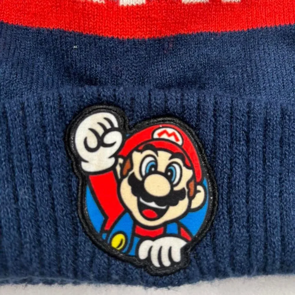 Nintendo Mario Blue Pom Beanie Hat Embroidered Logo Winter